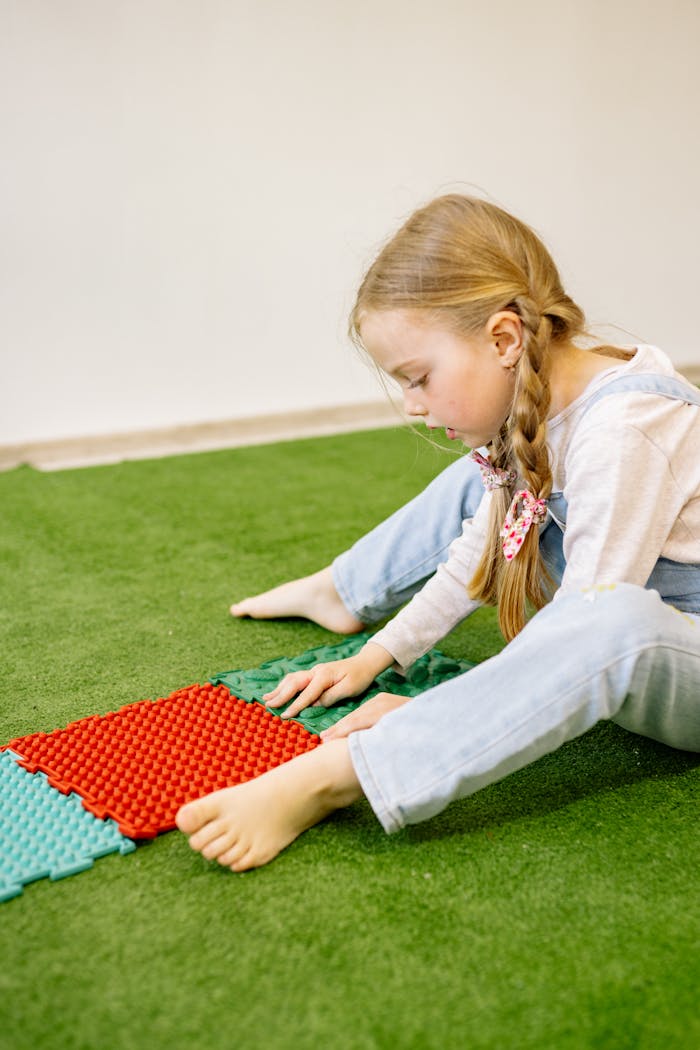 Child engaging in play with textured puzzle mats on a green indoor surface.